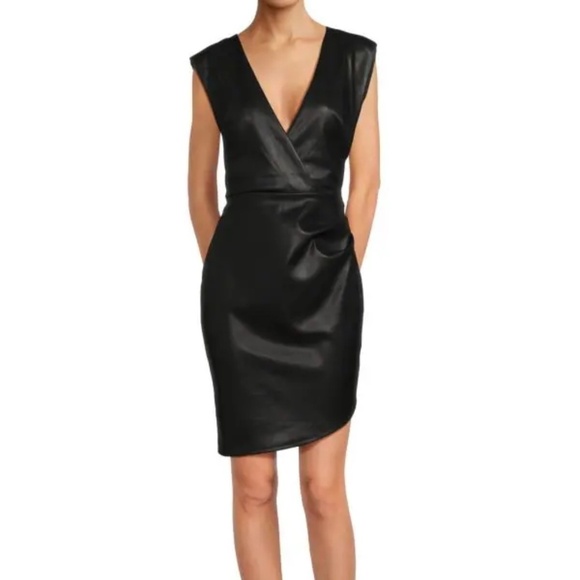 BEBE Women's Vegan Leather Asymmetric Faux Wrap Dress - Size XS - NWT - Picture 1 of 7